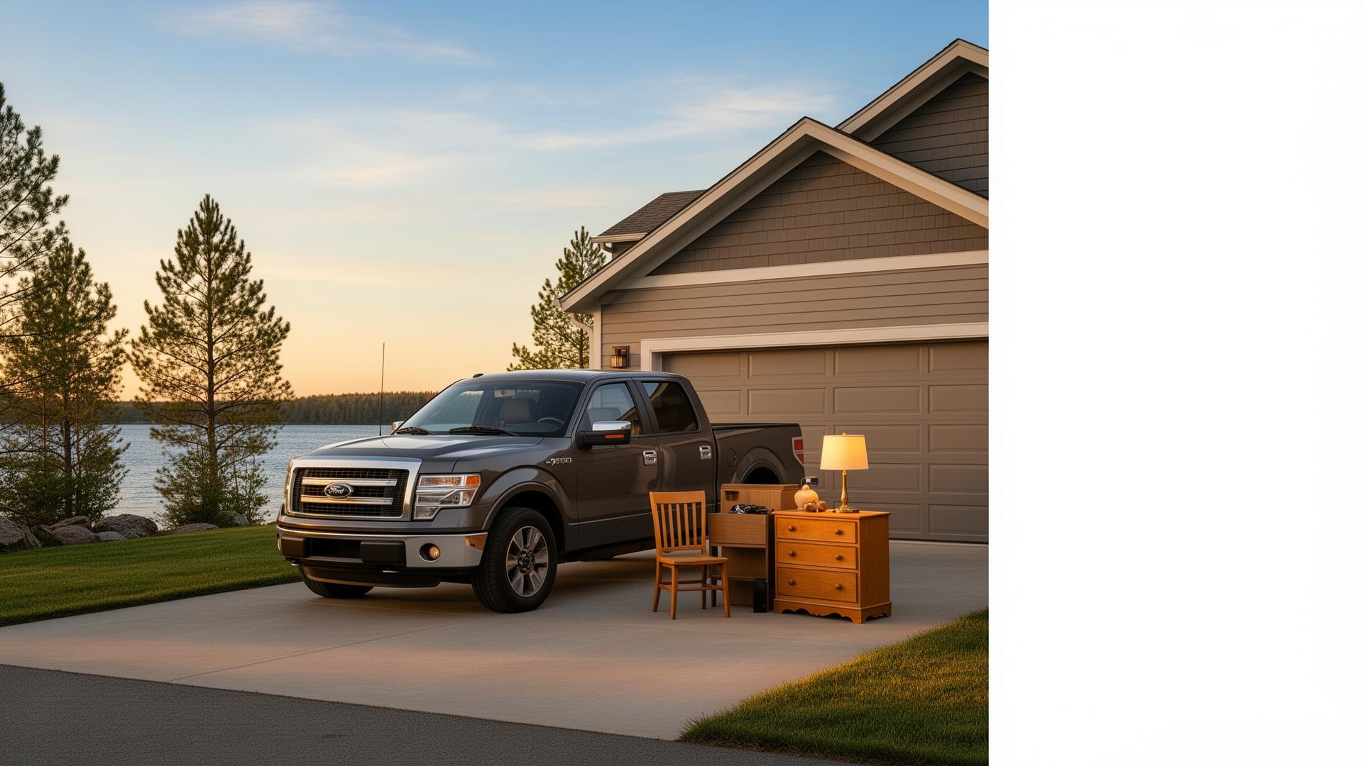 A pickup truck in a Minnesota driveway with neatly placed donation furniture at sunset